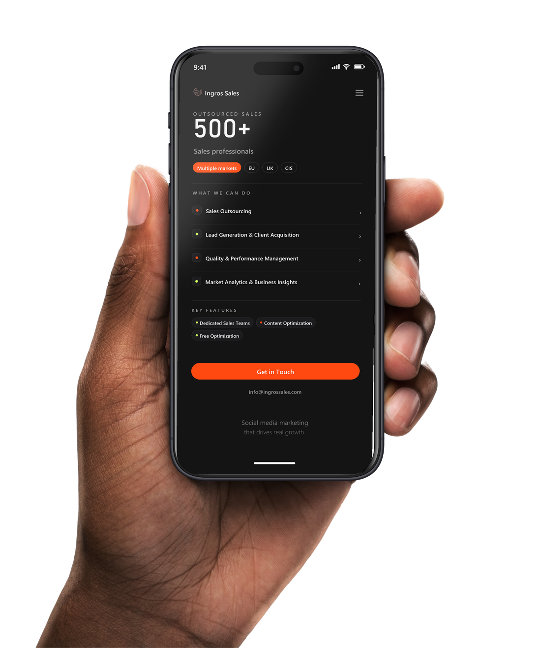 The Ingros Sales app showing outsourced sales, 500+ professionals and multiple markets
